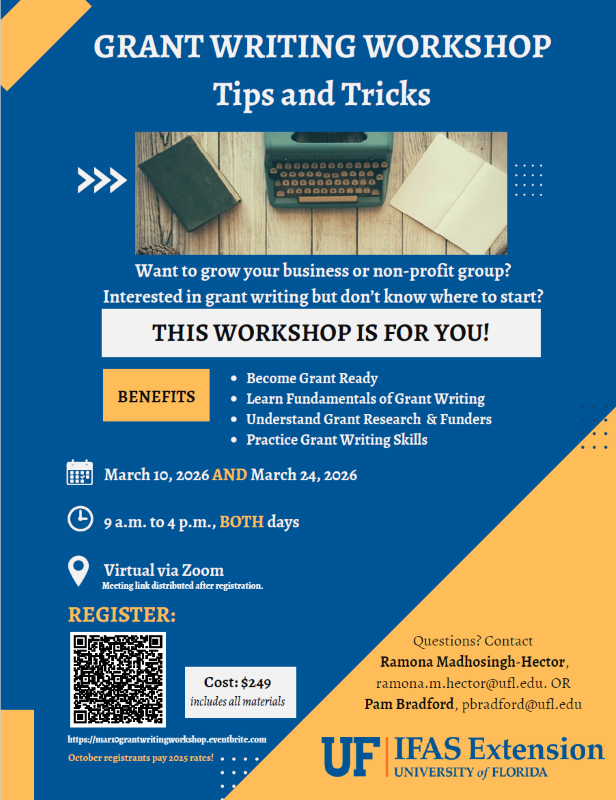 Flyer for Grant Writing Workshop, text reads "Want to grow your business or non-profit group? Interested in grant writing but don't know where to start?" "Mach 10, 2026 and March 24, 2026" "Virtual via Zoom" against a blue background with an image of a typewriter