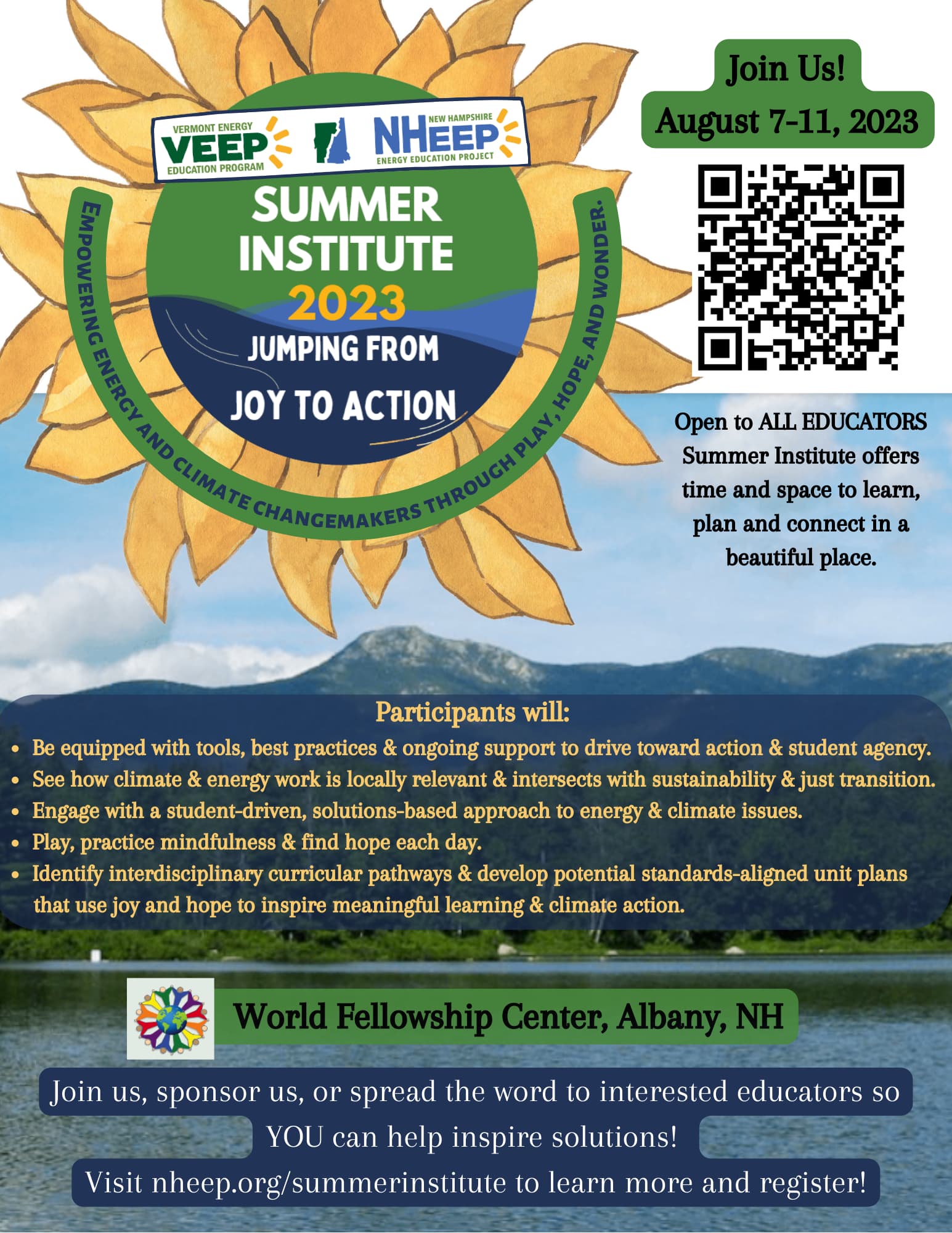 Flyer showing a QR code and a sunflower logo at the top. Below the logo is a photo of a mountain lake. Text is included in body of post