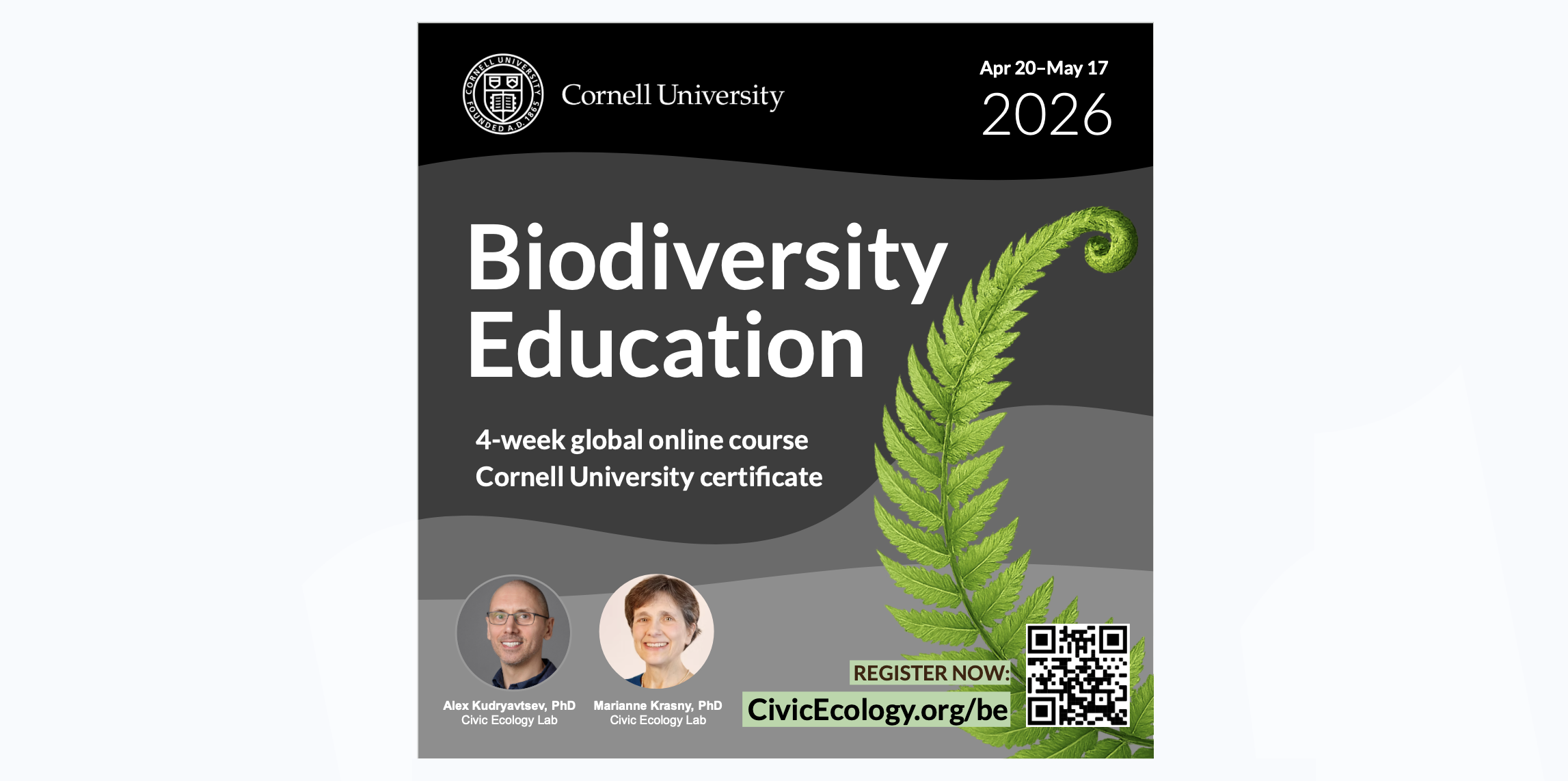 Course flyer, text reads "Biodiversity Education, 4-week global online course, Cornell University certificate"