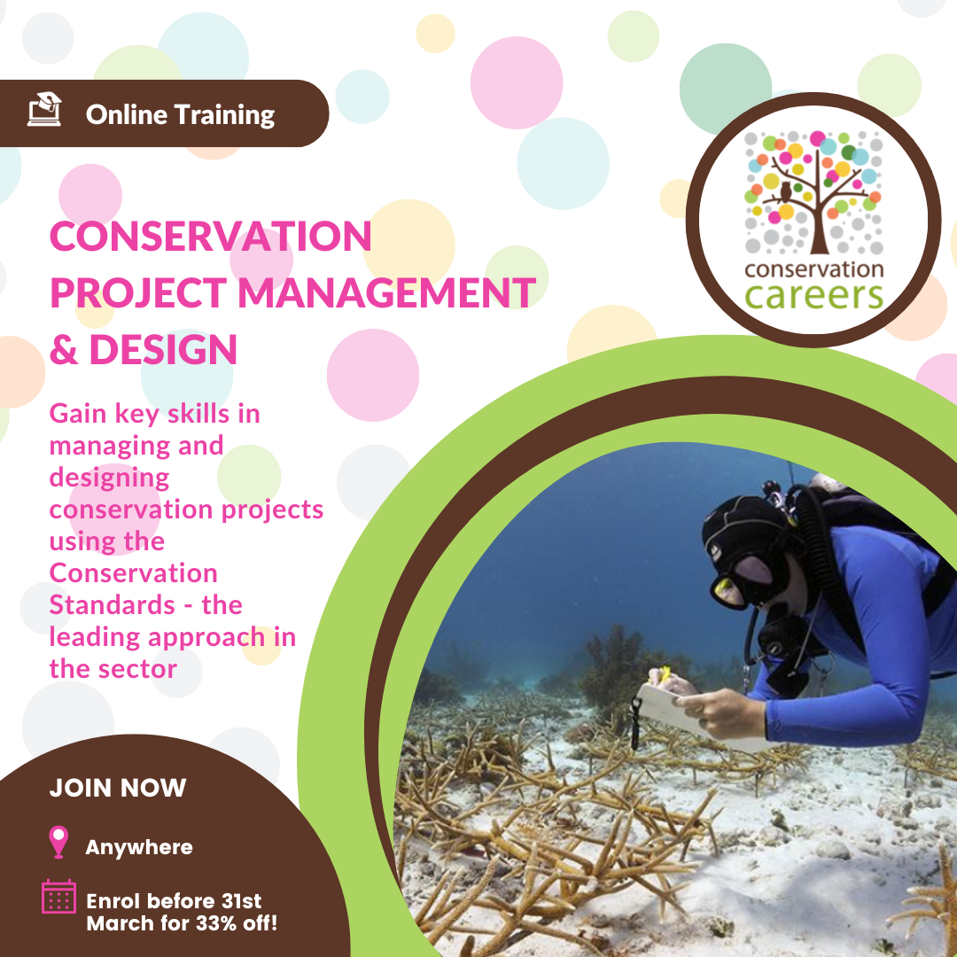 Information about Conservation Project Management & Design online training program, with an image of a diver collecting data from a reef for conservation.