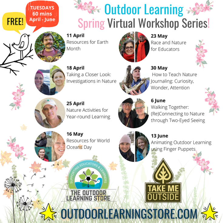 Flyer showing Spring Outdoor Learning Virtual Workshops, which as listed in the body of this post