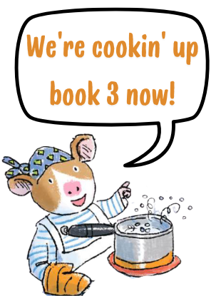 An illustrated hamster in front of a stovetop with a boiling pot with a text bubble that reads "We're cooking up book 3 now!"