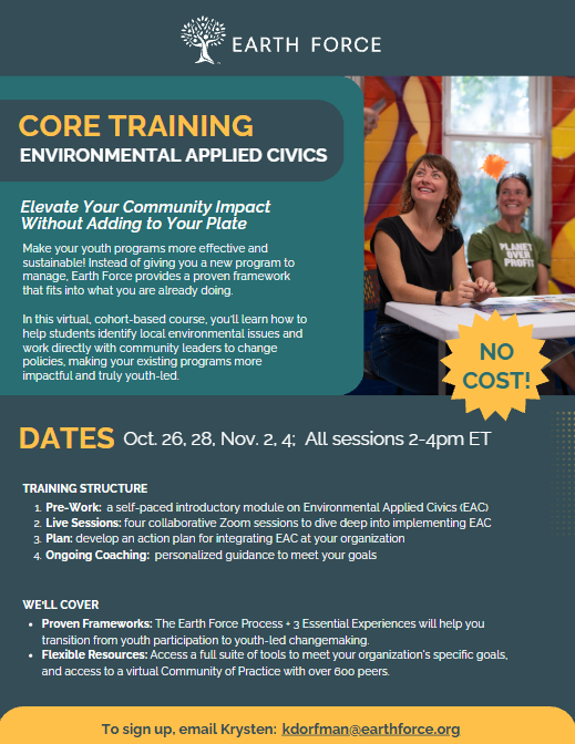 Flyer describing full details of Earth Force's core training. Text details can be found on the website linked. 