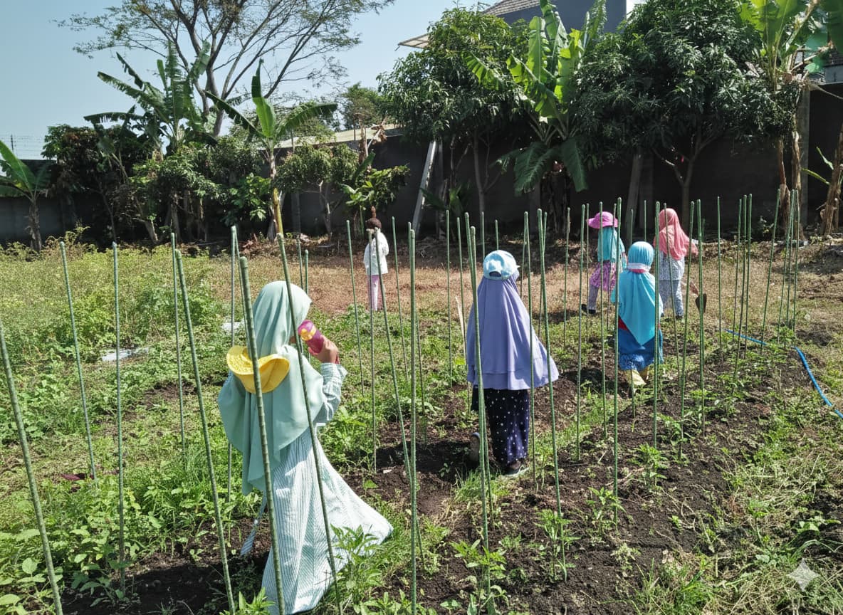 Students walking through rows of garden
