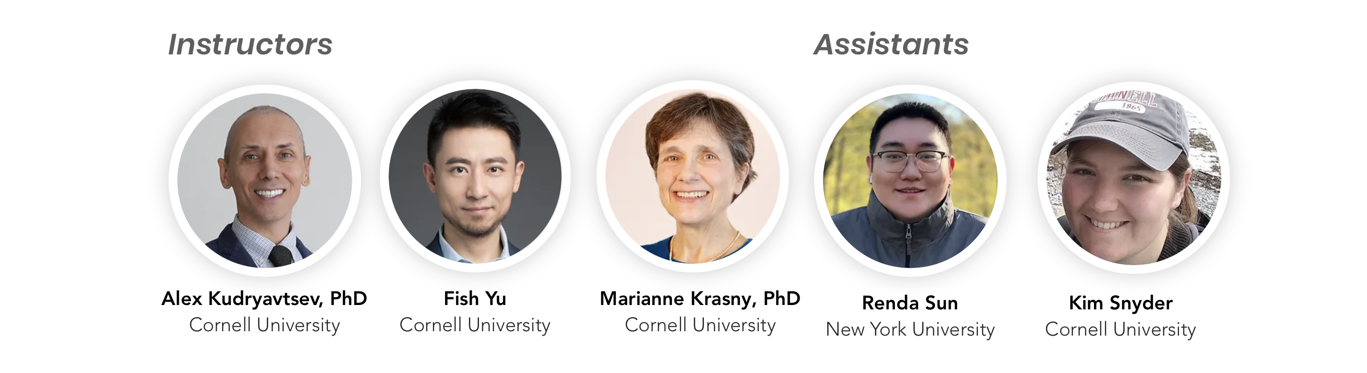 Five circle-framed portraits