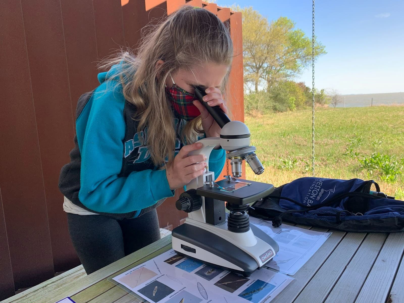 student studying plankton under microscope