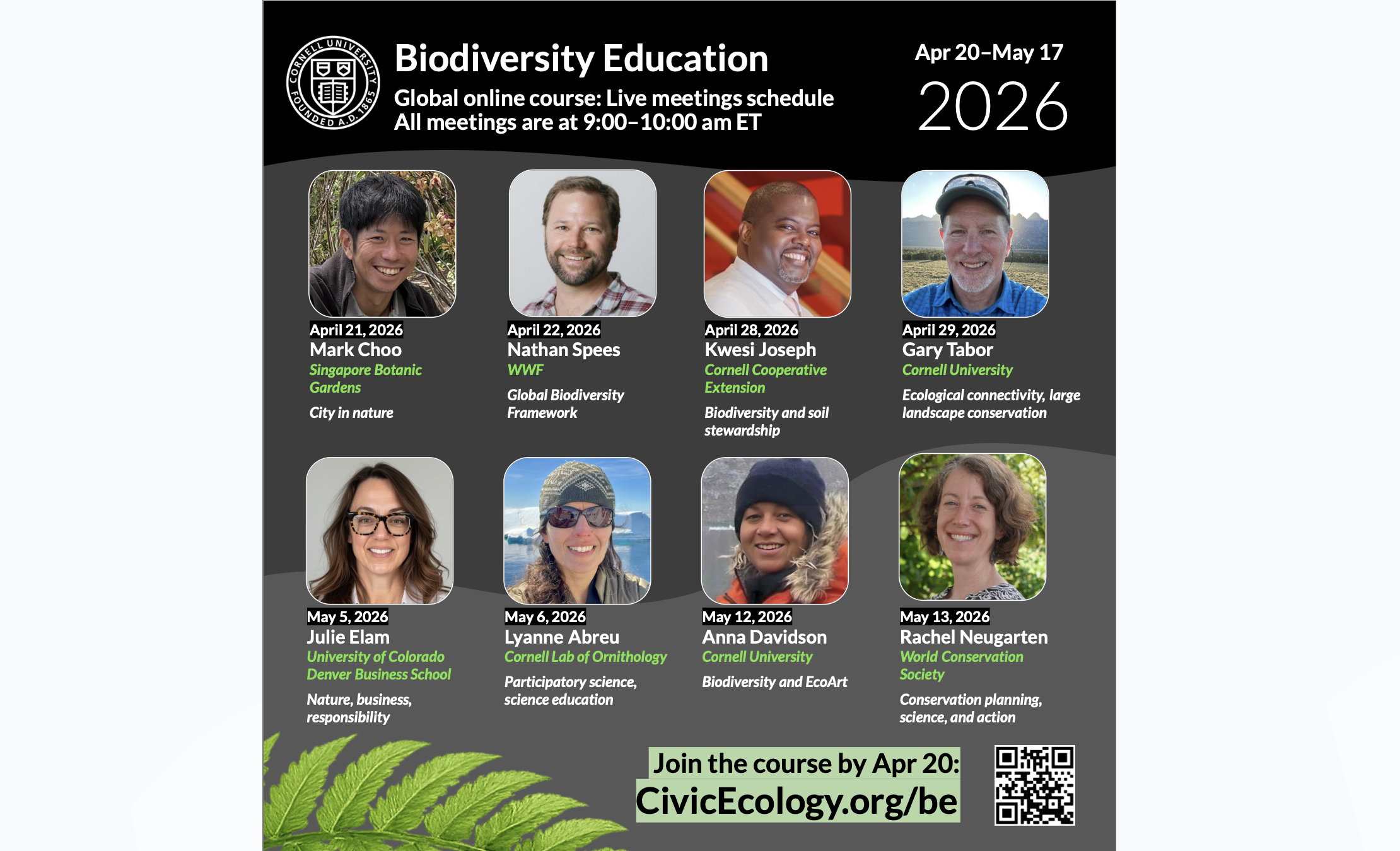 Flyer for "Biodiversity Education, Global online course: Live meetings schedule, All meetings are at 9:00-10:00 am ET" with pictures of speakers