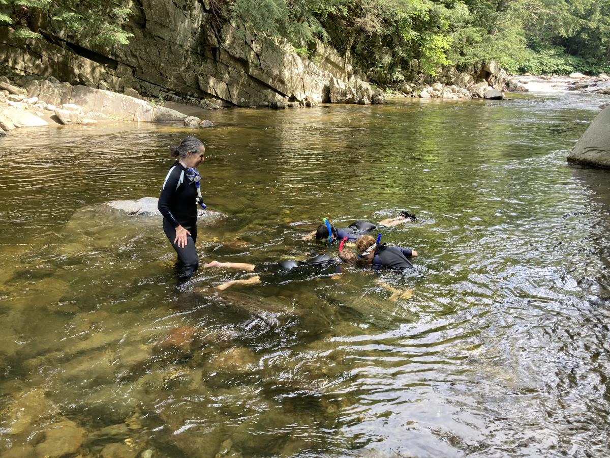 An adult educator wearing a black and gray wetsuit stands overlooking 3 students floating face down wearing snorkels and masks floating in a rocky river. On the far side of the river is a rocky outcropping, with pine trees at the top edge of the photo.