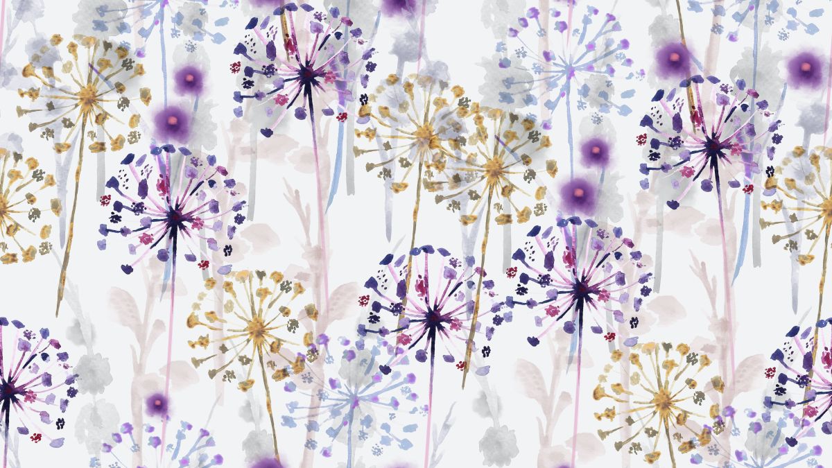 Watercolor illustration of purple and yellow dandelions