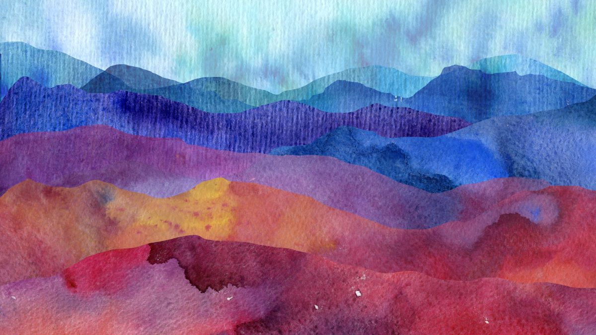 Watercolor illustration of colorful mountain ranges