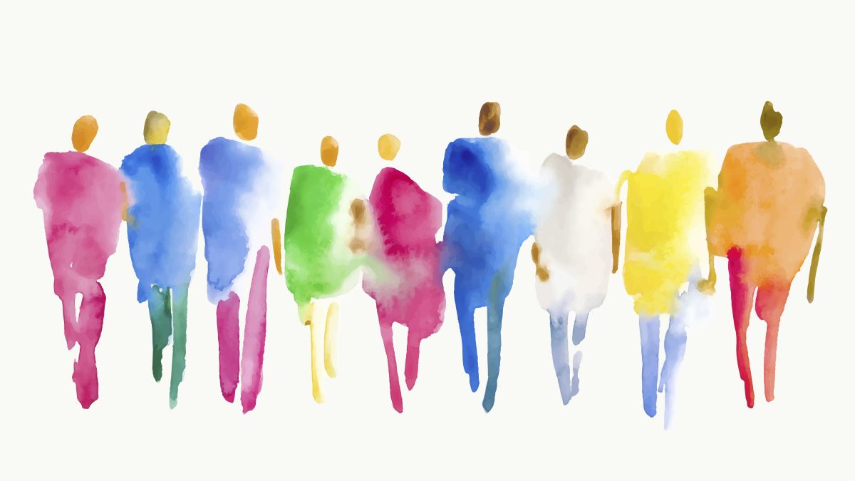 Watercolor illustration of a group of people standing in a line