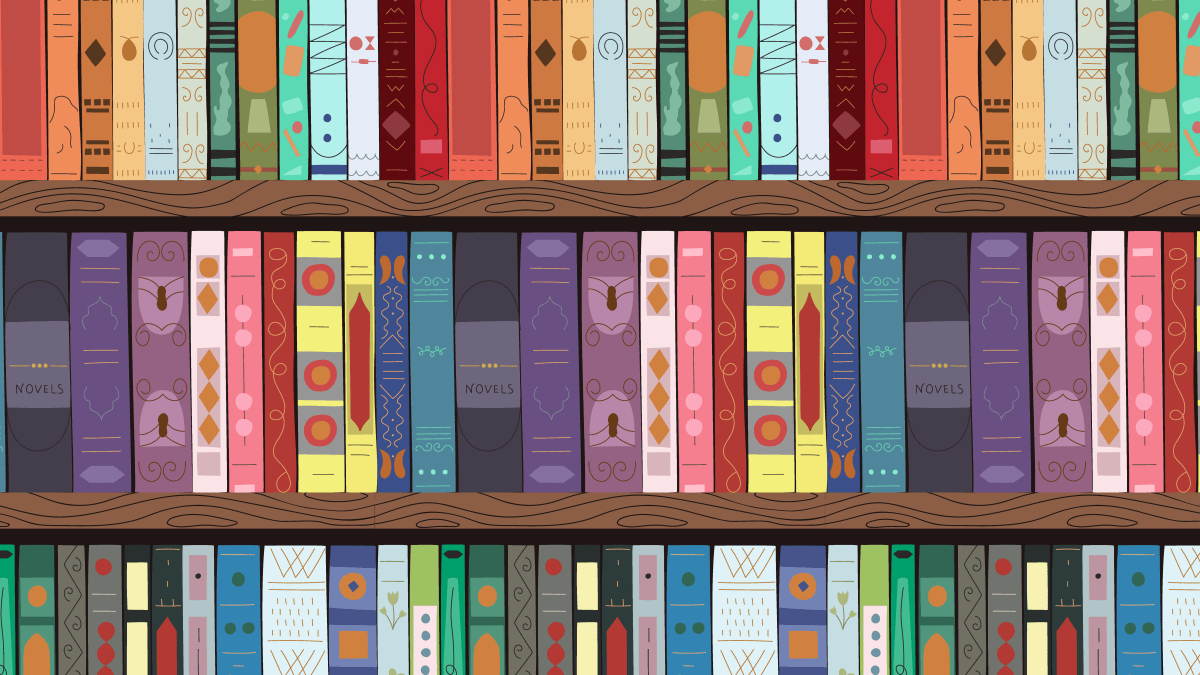 illustration colorful books on shelves