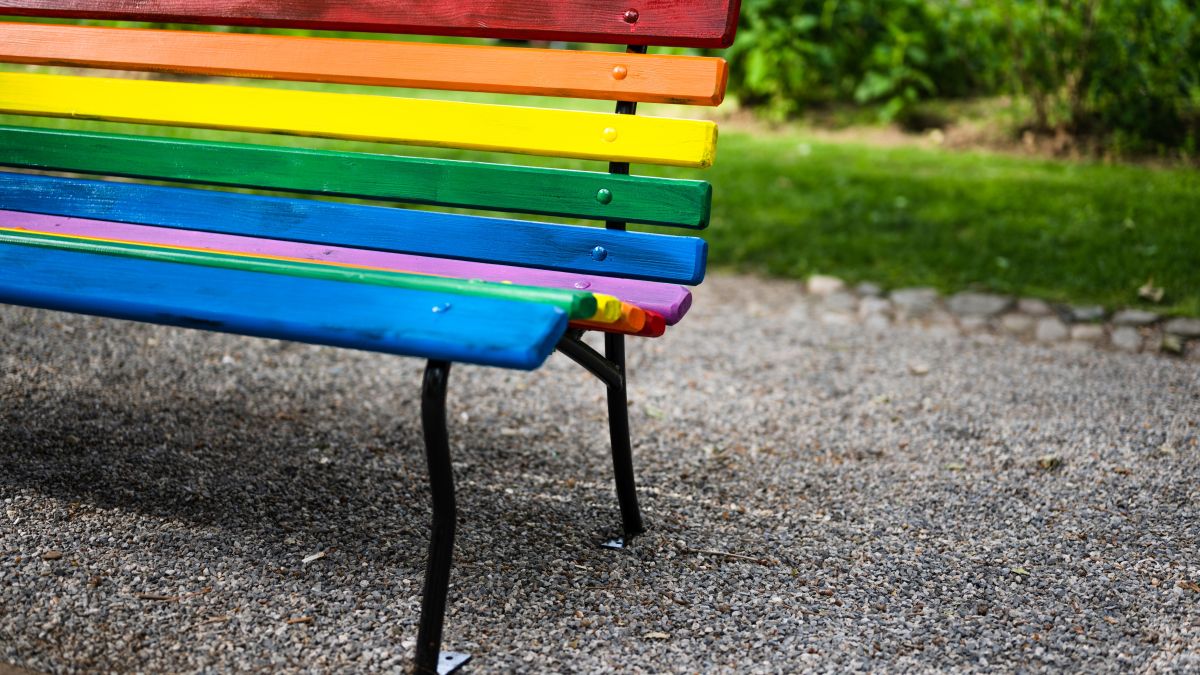 rainbow painted park bench