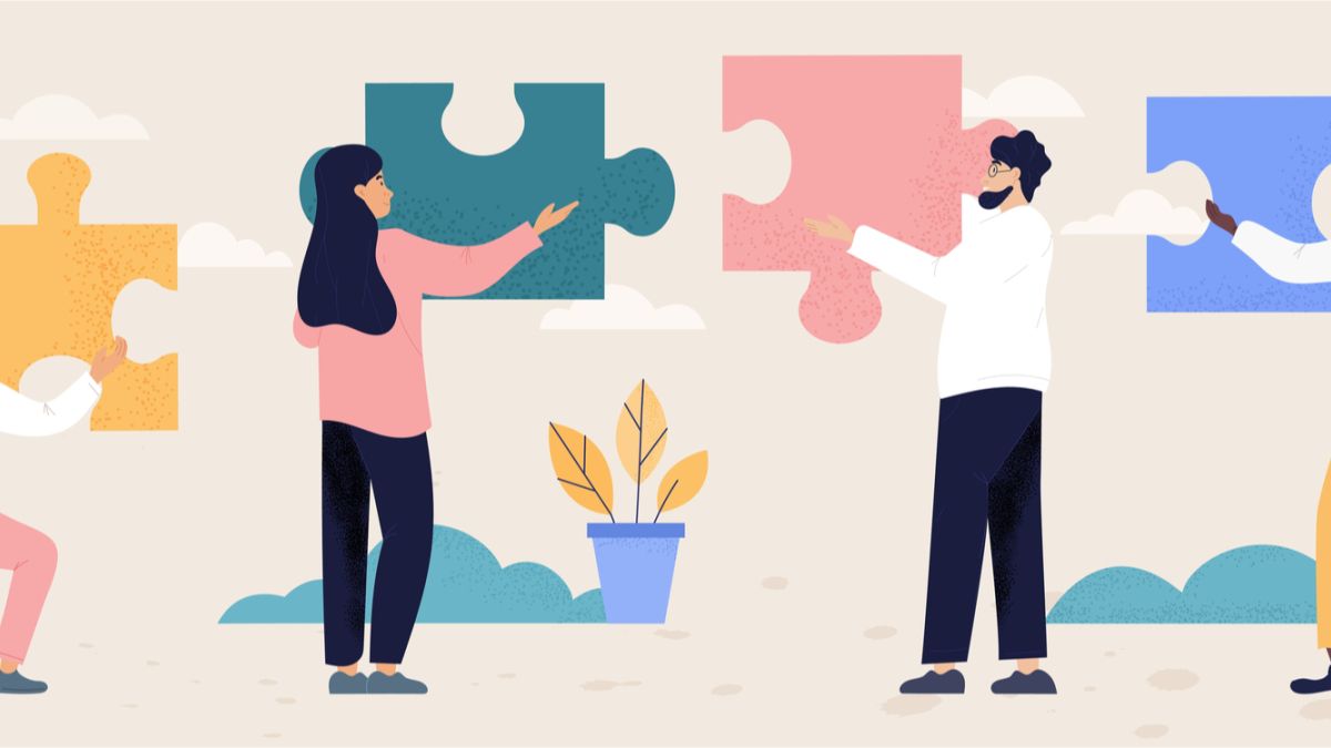 Illustration, four people holding puzzle pieces.