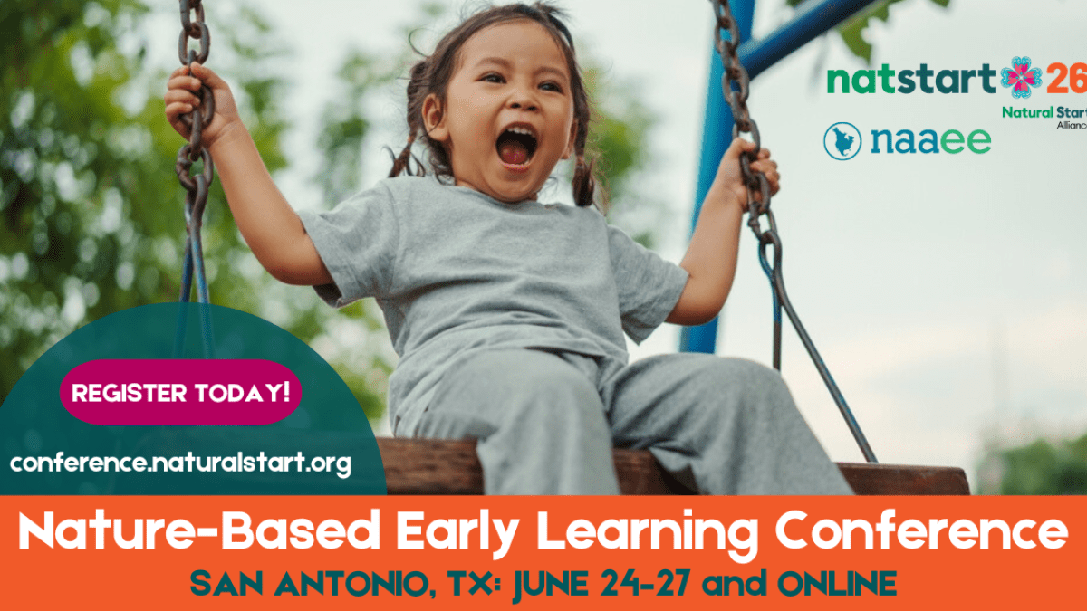 Girl happily swinging and text at the bottom promotes 2026 Nature-Based Early Learning Conference
