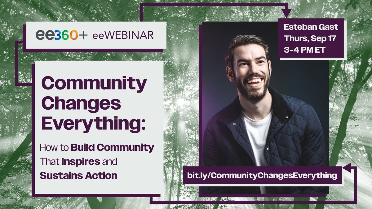 Text "Community Changes Everything: How to Build Community That Inspires and Sustains Action" and a photo of Esteban Gast
