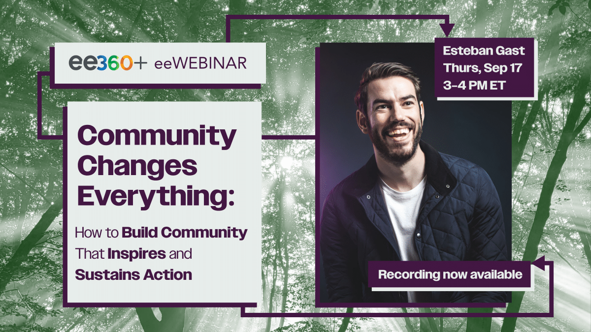 Text, "Community Changes Everything," with Esteban Gast on the right