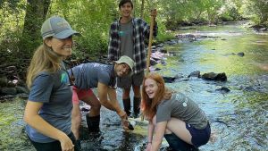 Summer training for four Difference Maker Mentors smiling while they stand in a forest creek. 