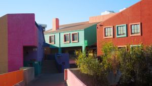 Colorful exterior building walls on a sunny day