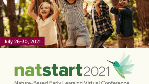 Graphic promoting the Nature-Based Early Learning Conference. Image depicts children laughing in the woods. 
