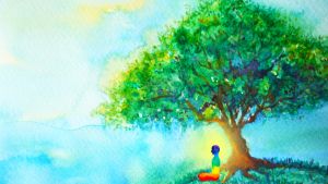 Watercolor illustration of a person in colors of rainbow sitting under a green tree and blue sky