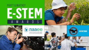 Pratt & Whitney E-STEM Awards. Images of young adults and children learning from hands-on science-based activities. 