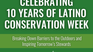 Green background with white text that says, "A Hispanic Access Foundation Signature Initiative. Celebrating 10 Years of Latino Conservation Week. Breaking Down Barriers to the Outdoors and Inspiring Tomorrow's Stewards." At the bottom is the Latino Conservation Week logo.