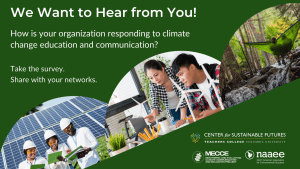 "We want to hear from you!" images of solar panel workers, students in STEM classroom, person outside, NAAEE and MECCE logos on dark green background