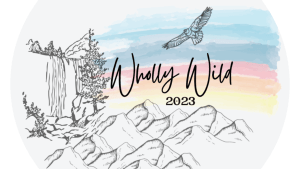 Wholly Wild Logo displaying sketch illustrations of hills, an evergreen tree, a waterfall, and watercolor pastel blue, pink and yellow sky