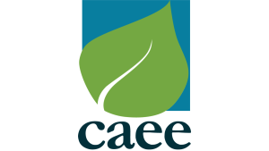 CAEE logo with green leaf on blue background