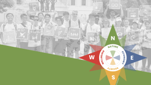 Graphic with a grayscale photo of a group of students holding posters, and green text in front that reads "Teaching & Learning for a Sustainable World." White text on the bottom of the graphic reads "A Systems Thinking Approach." There is a colorful compass offset to the right of the white text.