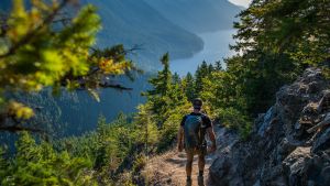 man hiking through pacific northwest mountain trail