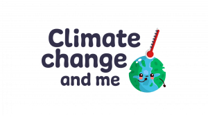 White background with gray text that says, "Climate change an me" next to an illustration of Earth sweating with a thermometer indicating heat rising