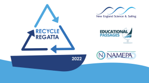 recycle regatta log, blue arrows in form of sail over boat, New England Science & Sailing, Educational Passages, NAMEPA