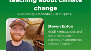 White bold text that says, "Overcoming barriers to teaching about climate change" on green background graphic