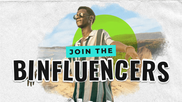 BINfluencer Image of a young person leading a recycling campaign. There is a recycling bin with bottles in it and the young person is looking out towards the future. Behind him there is a natural landscape
