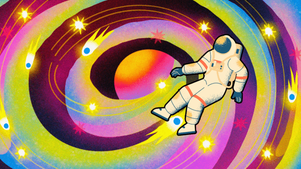 A colorful illustrated depiction of an astronaut in front of a swirling galaxy of stars and a central planet