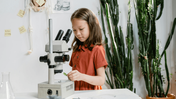 STEM A child stands behind a microscope with a leaf in their hand; behind them is a wall featuring a skeleton diagram