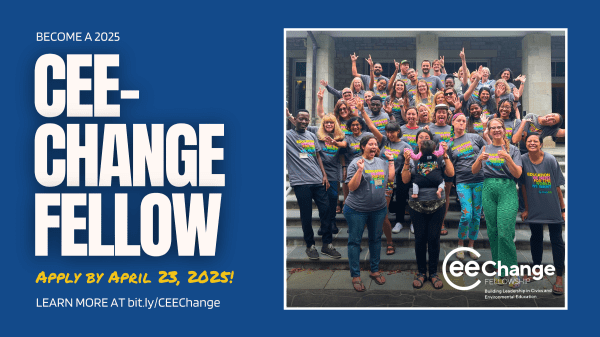 Blue rectangle with a picture of a group of people standing on some building steps to the right; text to the left reads "Become a 2025 CEE-Change Fellow, Learn more at bit.ly/CEEChange, apply by April 23, 2025!"