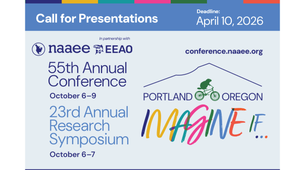 Blue text reads, "Call for Presentations. Deadline April 10, 2026. NAAEE 56th Annual Conference and 23rd Annual Research Symposium"