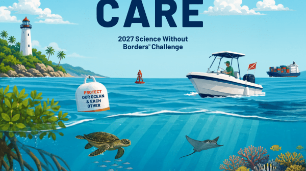 Illustrated poster for the 2027 Science Without Borders® Challenge with the theme “Navigate with Care.” A boat, lighthouse, navigation buoy, and cargo ship appear above the water, while a sea turtle, ray, manatee, fish, mangroves, seagrass, and coral reef are shown below, highlighting how responsible navigation can protect people, marine life, and ocean habitats.