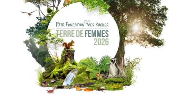 A banner for the Yves Rocher Foundation Terre de Femmes 2026 award, featuring a lush natural landscape with trees, birds, a waterfall, and wildlife.