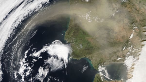 Satellite photo. PC: NASA/Goddard/Jeff Schmaltz/MODIS Land Rapid Response Team Satellite photo of Saharan dust over the Iberian Peninsula.. PC: NASA/Goddard/Jeff Schmaltz/MODIS Land Rapid Response Team