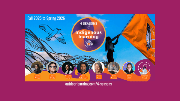 4 Seasons of Indigenous Learning A rectangle with a blue sky background, text reads "Fall 2025 to Spring 2026, 4 Seasons of Indigenous Learning"; image behind this is a person holding an orange flag and art of a bird in flight; on the bottom is a list of speakers with pictures of each: Leona Prince, Jesse Wente, Dr. Lyla June, David Robertson, Debra Fisher, Mark Thomas, Jenna Jasek, Surprise Guest
