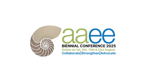 AAEE Conference AAEE logo, graphic of an ammonite fossil on the left, text on the right reads "aaee, Biennial Conference 2025, Online on 1st, 5th, 13th & 21st August, Collaborate | Strengthen | Advocate"