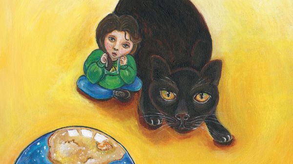 A Cat Called Q and the Magic Globe An illustration featuring a child and a large black looking at a snow globe against a yellow background