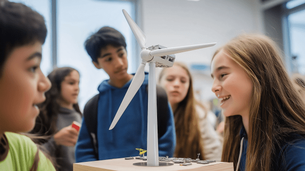 Students gather around a scaled model of a wind turbine (likely an AI-generated stock photo).