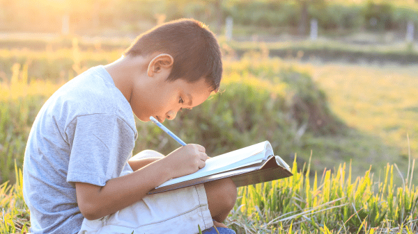 Antioch University New England Graduate Certificate in Nature-Based Early Childhood Education A child sits in the grass writing in a notebook; behind them is a setting sun
