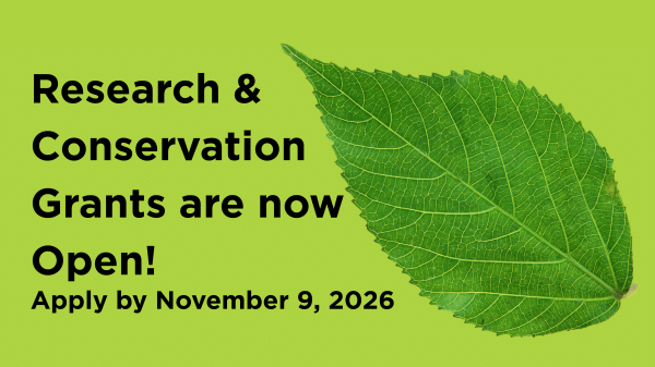 A Bright green banner featuring a large green leaf and the text “Research & Conservation Grants are now Open! Apply by November 9, 2026.”