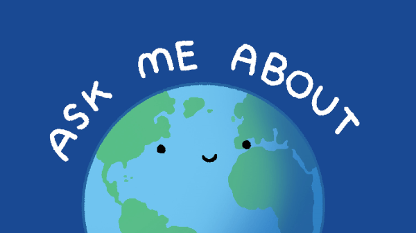 Cartoon earth with a smiley face, text reads "Ask Me About Climate Change, NNOCCI, Maris Wicks 2017"